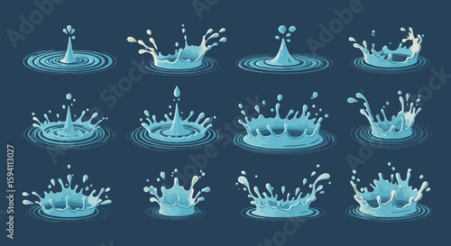 A collection of dynamic blue water splashes, drops, and ripples, rendered in a clean vector style, perfect for adding refreshing liquid effects to designs.