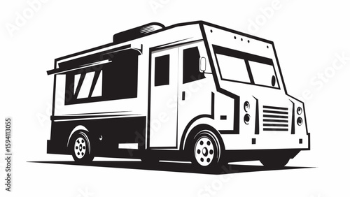 Illustration of a food truck with awnings, wheels, door, and windows in black and white style silhouette
