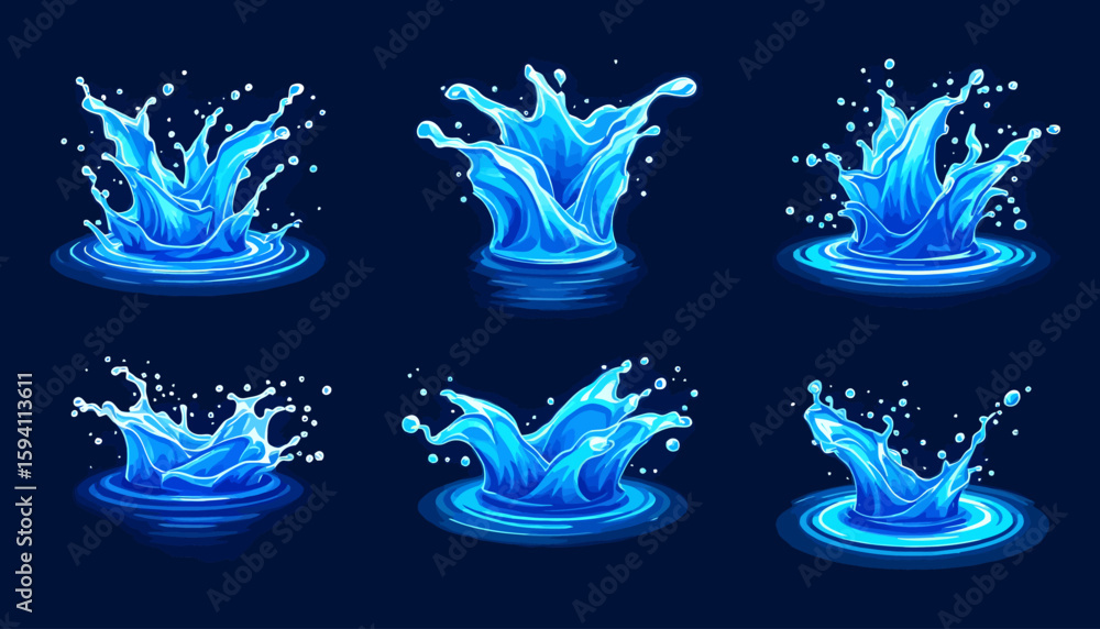 Fototapeta premium A vibrant collection of vector water splashes, rendered in high-resolution PNG format, showcasing dynamic movement and refreshing aquatic elements against a dark backdrop.
