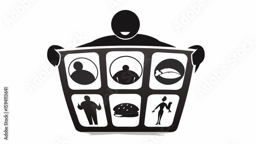 Person holding a container with images of people, fish, burger, and a woman with a carrot diet plan silhouette