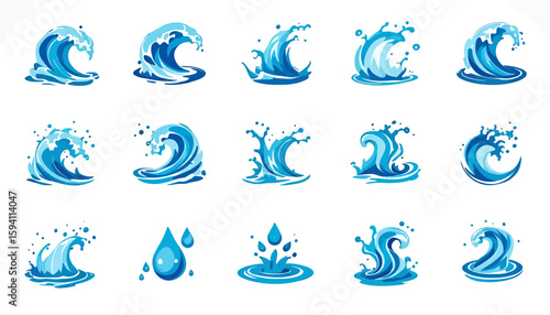 High-quality vector PNG illustrations of various water splashes, perfect for web design, print, or animation projects needing a refreshing, dynamic visual element.