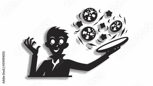 Silhouette of a magician performing a magic trick with floating objects and a serving tray in black and white