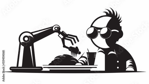Stylized image of a person with glasses being fed spaghetti by a robotic arm in black and white style silhouette