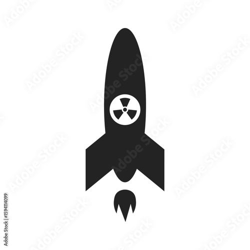 Isolated illustration of cartoon silhouette of atomic nuclear bomb rocket being launched with fire booster