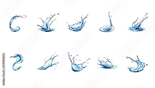 High-resolution vector PNG images depicting various water splashes, ideal for refreshing designs, websites, or advertising projects needing a clean and modern aesthetic.  These versatile assets are
