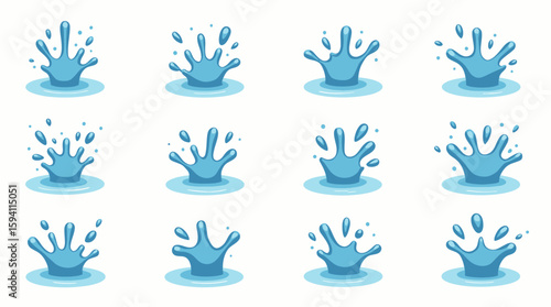 A collection of stylized vector water splash illustrations in a variety of shapes and forms, perfect for design elements and adding dynamic visual interest to creative projects.