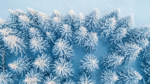 Aerial view of a serene winter landscape blanketed in white and blue snow tones. Trees, fields, and terrain are softly textured by frost, evoking calm, purity, and seasonal stillness.
