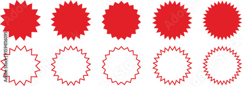Set of red starburst, sunburst badges. Design elements for sale sticker, price tag and quality mark. Star burst shape abstract shape element. Special offer price tags. Starburst promotional