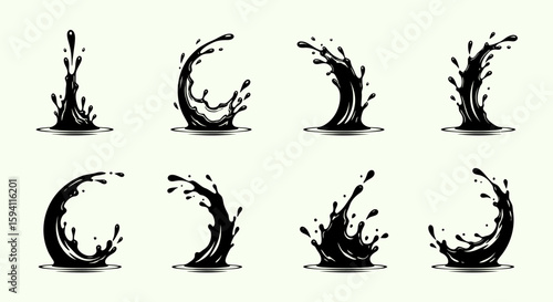 Dynamic black liquid splashes and waves captured in various fluid motion states, presented as clean vector graphics on a light background.