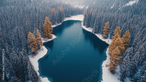 Aerial view of a serene winter landscape blanketed in white and blue snow tones. Trees, fields, and terrain are softly textured by frost, evoking calm, purity, and seasonal stillness.
