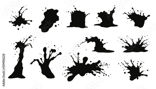 A diverse collection of dynamic black ink splashes and paint splatters, isolated on a clean white background, perfect for graphic design elements.