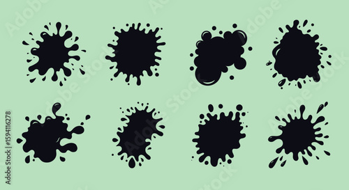 A collection of dynamic black ink or paint splatters and splashes, presented as versatile vector graphics on a clean background, perfect for design elements.
