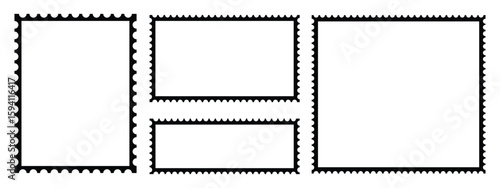 Set of blank postage stamps with empty paper. Post stamp frame and border. Rectangle shape frame with zigzag edges