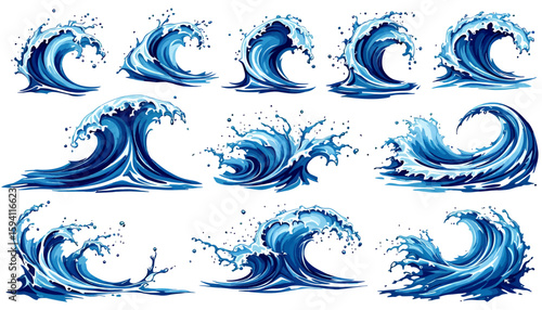 Dynamic collection of stylized blue ocean waves and water splashes, rendered in a clean vector graphic style for versatile design applications.