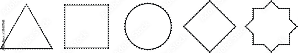 Obraz premium Set of vintage rectangle and circle postage stamps. Different postage stamps. Blank postage stamp borders template. Postage Stamps in flat design 