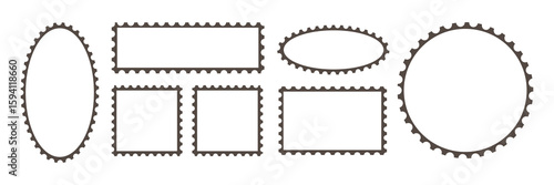 Set of vintage rectangle and circle postage stamps. Postage stamp icons. Mockup postage stamps. Blank postage stamp borders template. Postage Stamps in flat design 