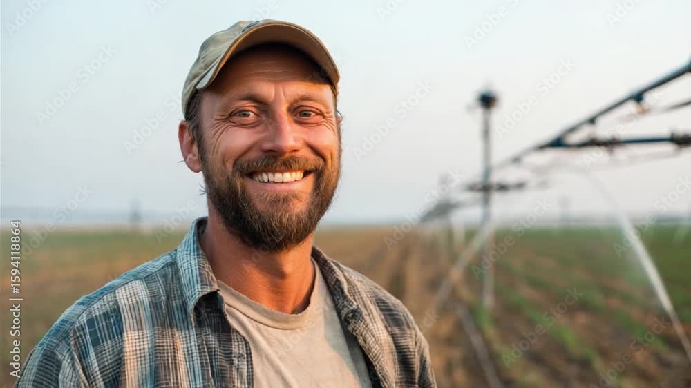 Farmer's Portrait: A sun-kissed farmer, radiates contentment and expertise. In a vast field, irrigation waters the land, and he represents dedication and agricultural heritage. Farmer's Portrait: A sun-kissed farmer, radiates contentment and expertise. In a vast field, irrigation waters the land, and he represents dedication and agricultural heritage.