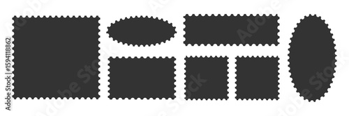 Set of vintage rectangle and circle postage stamps. Postage stamp icons. Mockup postage stamps. Blank postage stamp borders template. Postage Stamps in flat design 