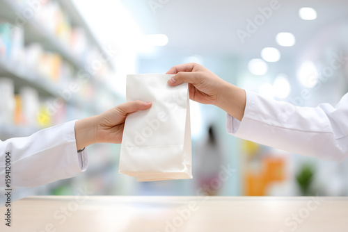 Pharmacist Handing Over Paper Medicine Bag to Customer