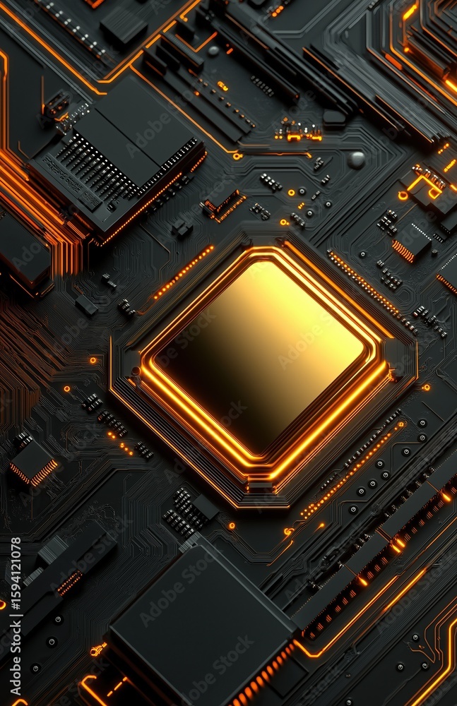 Fototapeta premium Futuristic black circuit board with glowing golden elements and advanced central chip featuring orange neon lightning details for high-tech wallpaper or cover art