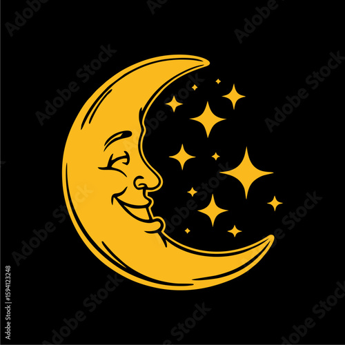 Smiling crescent moon with twinkling stars against a dark background.