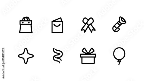 Eight icons depicting celebration elements such as gifts, balloon, and party favors in a row format