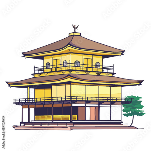 Golden Pavilion Illustration ThreeStory Temple with Phoenix Topper and Green Tree