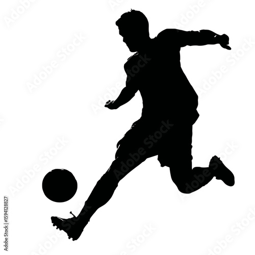 Black Silhouette of a Football Player Kicking a Ball on White Background

