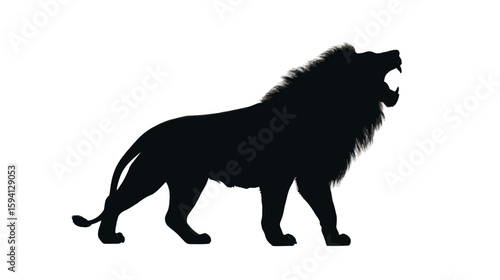 Black Silhouette of a Lion Roaring Powerful Posture on White Background

