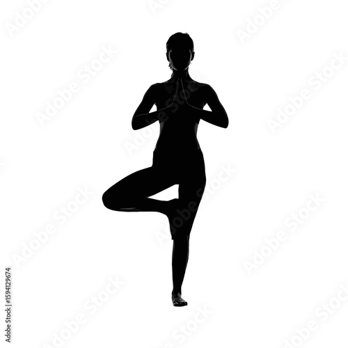 Black Silhouette of Woman in Tree Pose Vrikshasana on White Background

