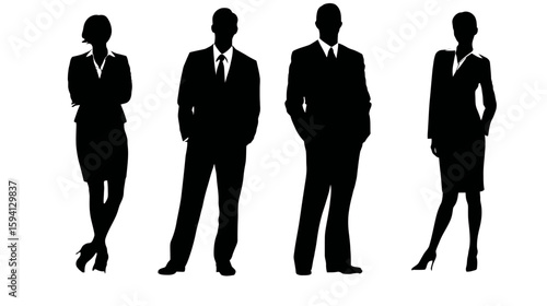 Business Team of Four Standing Side by Side Black Silhouettes on White Background

