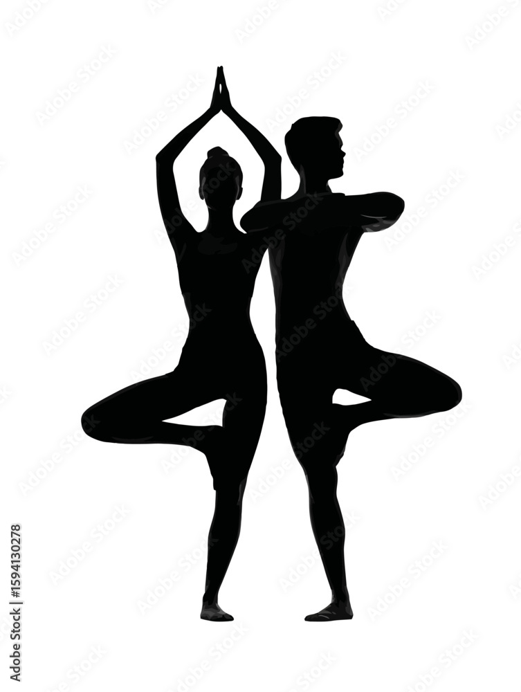 Fototapeta premium Couple Practicing Yoga Together Silhouettes on White Background