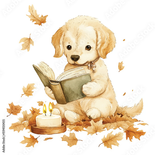Golden Retriever Puppy Reading Book Amidst Autumn Leaves and Candlelight (1)