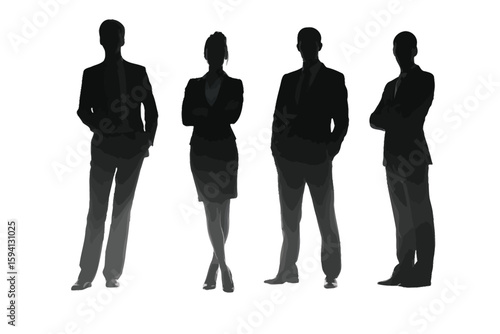 Group of Four Standing Business People in Different Professions on White Background


