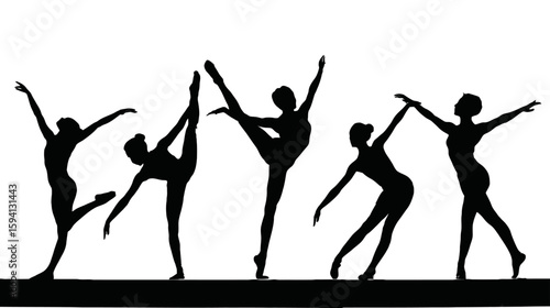 Group of Gymnast Silhouettes in Various Balance Poses on White Background

