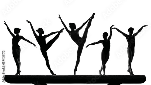 Group of Gymnast Silhouettes in Various Balance Poses on White Background

