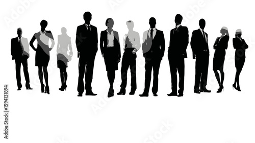 Group of Standing Business People in Different Professions Black Silhouette on White Background

