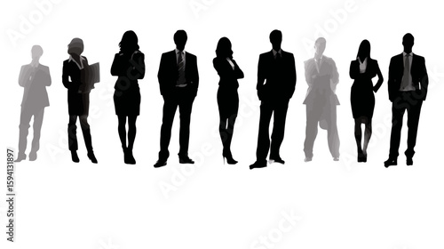 Group of Standing Business People in Different Professions Black Silhouette on White Background

