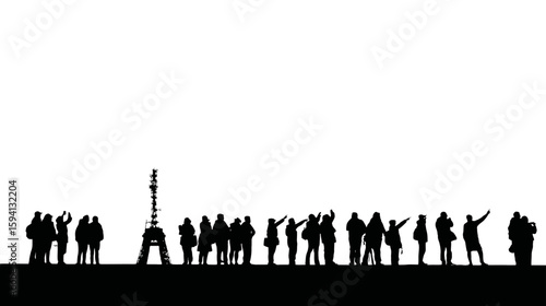 Group of Tourists Pointing at a Landmark Black Silhouette on White Background

