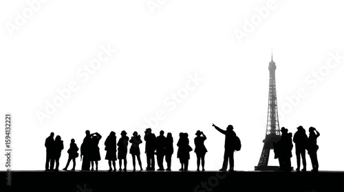 Group of Tourists Pointing at a Landmark Black Silhouette on White Background

