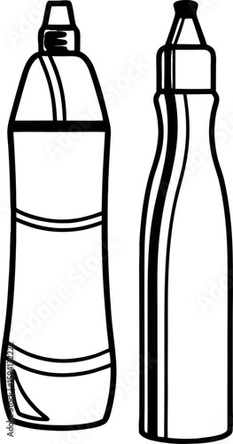Two condiment bottles are illustrated side by side. The left bottle is slightly wider with a curved base and has a nozzle top, while the right bottle is taller and slimmer with a tapered design. Both 