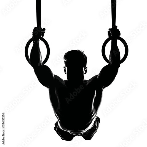 Male Gymnast Holding Iron Cross Position on Rings Silhouette on White Background


