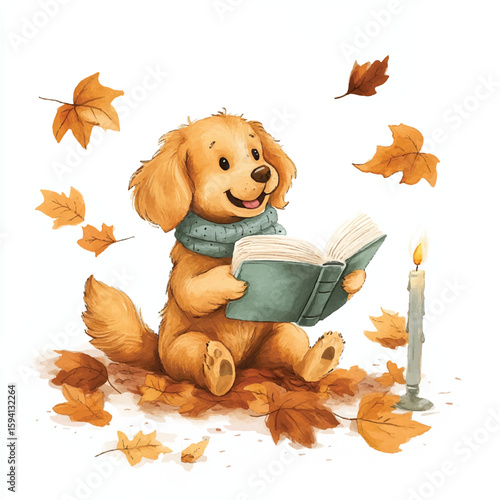 Golden Retriever Puppy Reading Book by Autumn Leaves and Candlelight