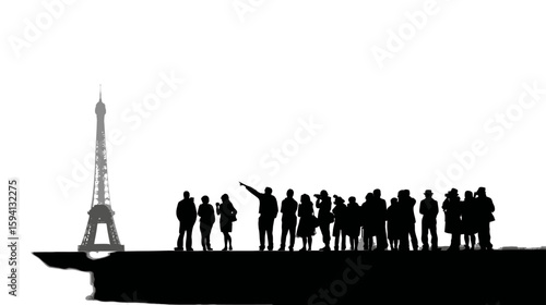 Group of Tourists Pointing at a Landmark Black Silhouette on White Background

