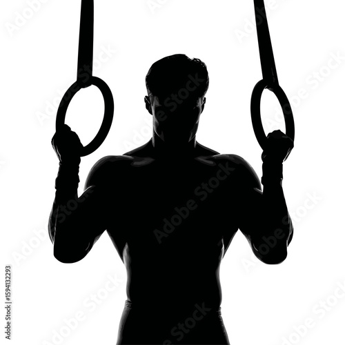 Male Gymnast Holding Iron Cross Position on Rings Silhouette on White Background

