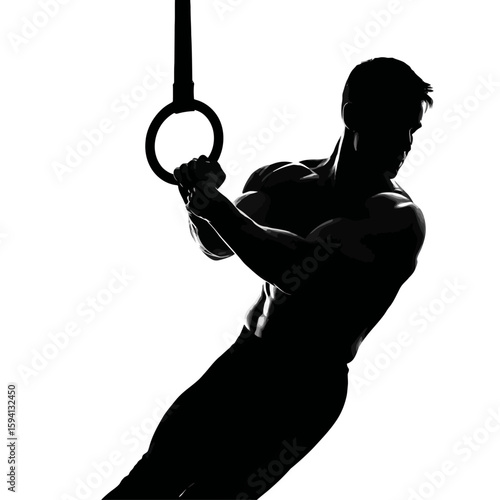 Male Gymnast Holding Iron Cross Position on Rings Silhouette on White Background

