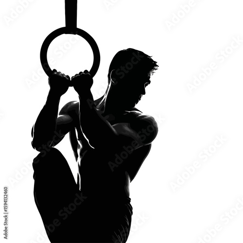 Male Gymnast Holding Iron Cross Position on Rings Silhouette on White Background

