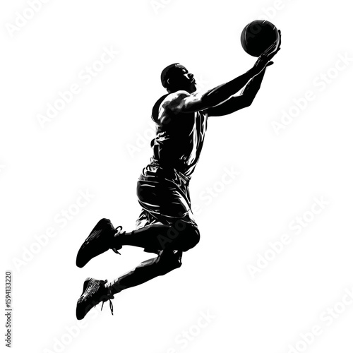 Silhouette of a Basketball Player Jumping for a Slam Dunk on White Background

