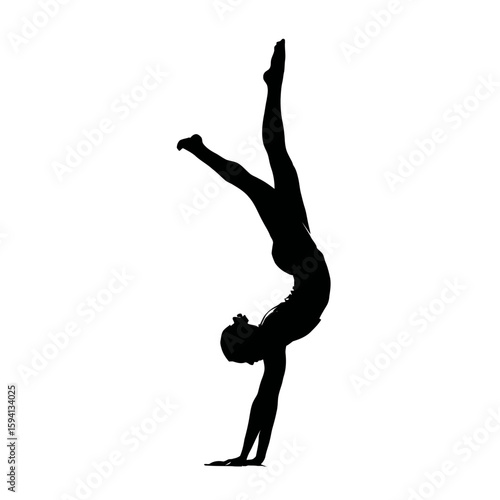 Silhouette of a Gymnast Doing a Handstand with Arched Back on White Background

