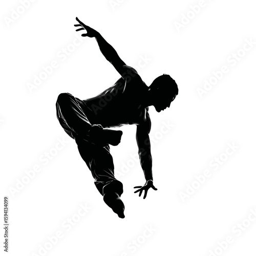 Silhouette of a Gymnast Flipping Backwards Mid-Air – Dynamic Pose on White Background

